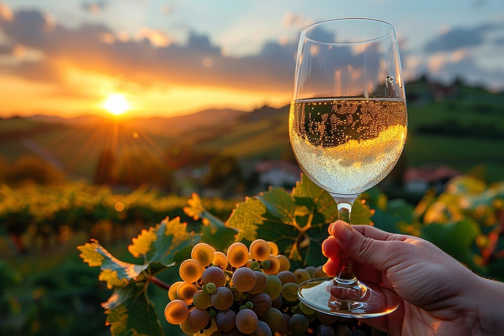 Glass of white wine held over a vineyard at sunset