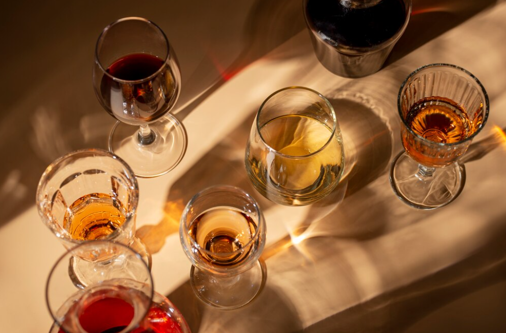 Assorted glasses of wine casting shadows on a table